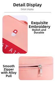 Detail of pink first aid bag with cross embroidery and durable alloy zipper slider