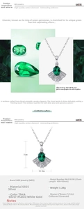 Detail view showing S925 silver fan-shaped pendant necklace with lab emerald and dimensions