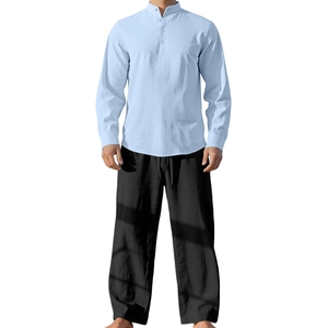 Men's casual cotton linen set featuring light blue mandarin collar shirt and black pants