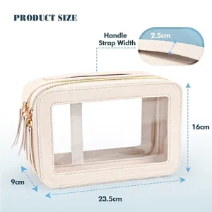 Waterproof PU beige toiletry bag with transparent window and dual gold zippers