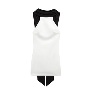 Halter Mini Dress Black White Spliced Sleeveless Slim Fit Polyester Elegant Party Night Out For Women