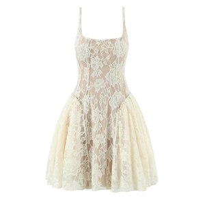 Elegant sleeveless white lace dress with beige lining and floral pattern in A-line style