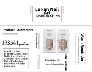 Detail view of 24pcs short almond false nails set with purple dots and nail glue included