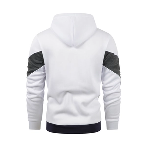 Detail view of the back showing tri-color splicing and ribbed cuffs on the hooded sweatshirt