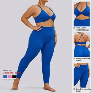 Ensemble de yoga grande taille bleu marine avec soutien-gorge torsadé et legging taille haute