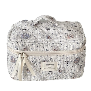 Quilted bear floral cosmetic bag with sturdy handle and dual zippers for travel