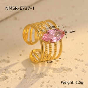 Detailed view of gold wide hollow ring featuring a pink oval zircon and dimensions