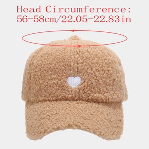 Detail showing head circumference of 56-58cm for the fleece heart baseball cap