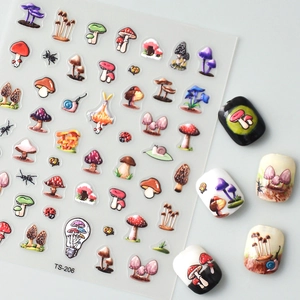 5D mushroom and snail embossed nail stickers with hand-painted insects for garden nail art