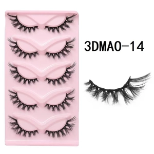 Detailed view of 5 pairs of 3D cat-eye false eyelashes with dense black synthetic fibers
