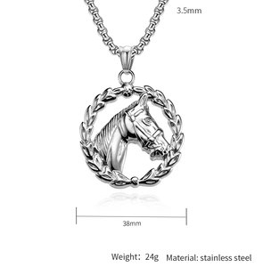 Detail view of horse head pendant with dimensions 38mm and weight 24g in stainless steel
