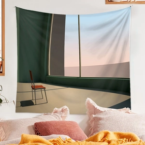 Minimalist scenery tapestry showing armchair and window light hung over a cozy bed set