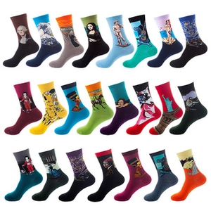 Artistic crew socks with famous oil painting patterns and vibrant colors in a matrix layout