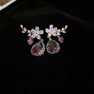 Flower Branch Drop Earrings With Gradient Teardrop Crystal Zircon Inlaid 925 Sterling Silver Earring Post