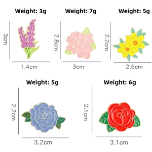 Set of five colorful enamel flower pins with dimensions and weight measurements shown