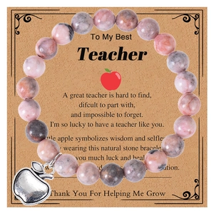 Natural Stone Beaded Bracelet And Gift Card With Alloy Apple Pendant Graduation Teacher Appreciation Jewelry Elastic