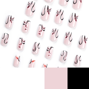 French style press-on nails with black curves and red leaf patterns on pink base