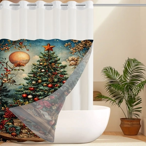 Detail of Christmas tree print on waterproof fabric shower curtain with metal rings