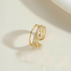 Detail of 14K gold plated multi-layer hollow ring with sparkling zircon inlay