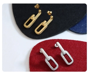 Detailed macro shot of U-shaped link earrings with twisted rope texture in gold and silver