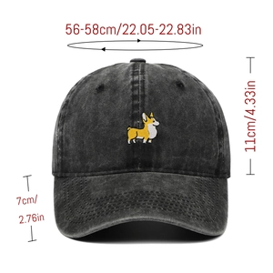 Size guide for washed grey baseball cap featuring a detailed corgi dog embroidery