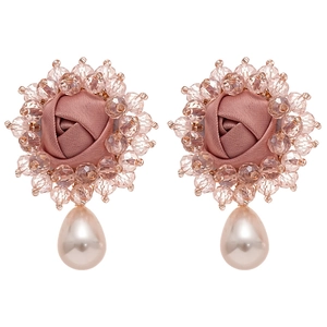 Sweet pink fabric rose earrings with crystal beads and elegant teardrop pearl drops