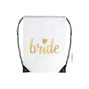 White Bride drawstring bag with gold lettering and black reinforced corner detail