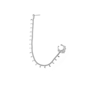 Bohemian silver nose chain to earring with crescent moon charms and ethnic engraving