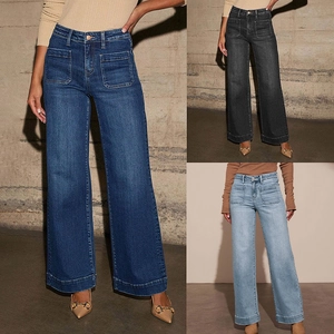 High waist wide leg jeans for women in dark blue black and light blue denim styles