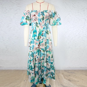 Detail of floral puff sleeve maxi dress featuring off-shoulder neckline and smocked bust