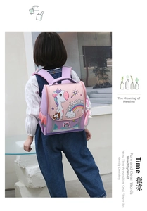 Close-up of pink unicorn backpack for girls with ergonomic wide straps and side mesh pockets