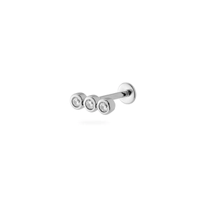 Detail of S925 sterling silver labret stud featuring three round cubic zirconia stones