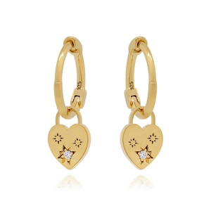 24K gold plated S925 silver hoop earrings with zircon heart pendant and starburst pattern