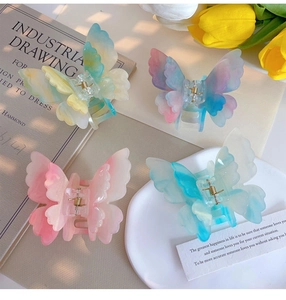 Detailed view of 3D gradient double-layer butterfly hair clips with gold metal springs