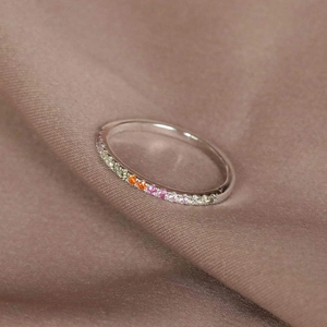 Rainbow thin eternity ring with 18k gold plating and multi-colored gradient zircon stones