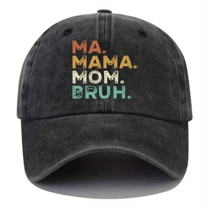 Washed dark grey cotton baseball cap with MA MAMA MOM BRUH colorful printed text