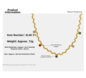 Detail of gold wave chain necklace featuring colorful zircon stones and technical specs