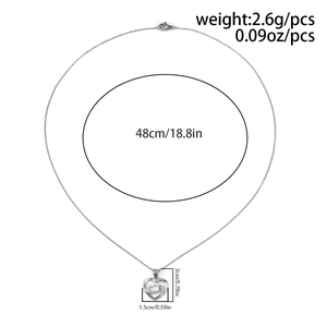 Detailed dimension guide for silver heart necklace with crystal pendant size and length