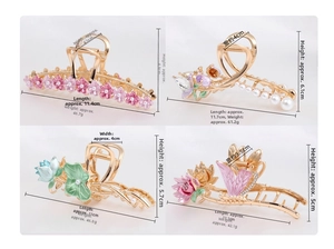 Detailed views of premium alloy floral claw clips with pearls and enamel finish