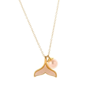 Gold stainless steel necklace with pink fishtail and pearl pendant on white background