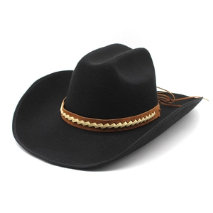 Western Cowboy Hat Woolen Felt Wide Brim Fedora With Leather Braided Band Retro Ethnic Style For Men Women Outdoor
