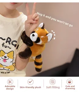 Red panda plush slap bracelet with ringed tail wrapped around a child's wrist