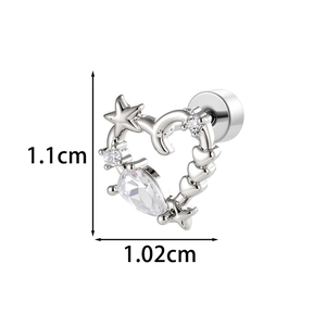 Silver hollow heart cartilage stud earring with zirconia, 1.1cm by 1.02cm size dimensions