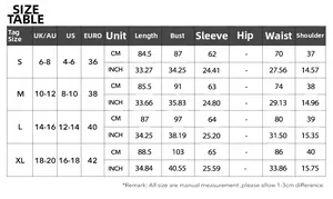 Detailed size guide table for elegant long sleeve evening dress in CM and inches