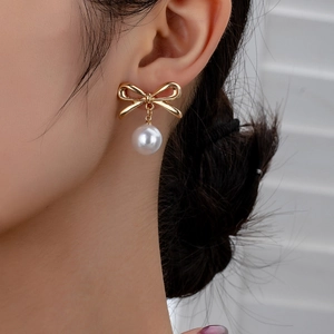 Bowknot Artificial Pearl Drop Earrings Alloy French Elegant Vintage Style Fashion Jewelry For Women