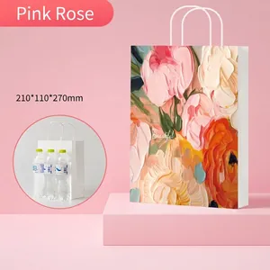 Detail view of pink oil painting floral gift bag with 210x110x270mm size reference
