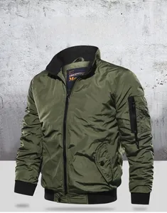 Detail of army green bomber jacket with ribbed collar and tactical zipper sleeve pocket