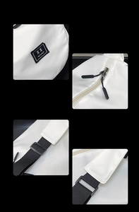 Detail view of white sports bag with dual zippers, reinforced stitching and adjustable strap