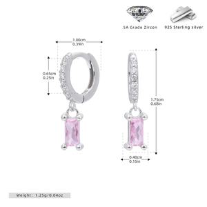 Macro view of S925 sterling silver hoop earrings with rectangular pink zircon pendant