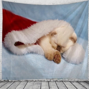 Detail of Christmas tapestry featuring a sleeping kitten in a Santa hat on a wall